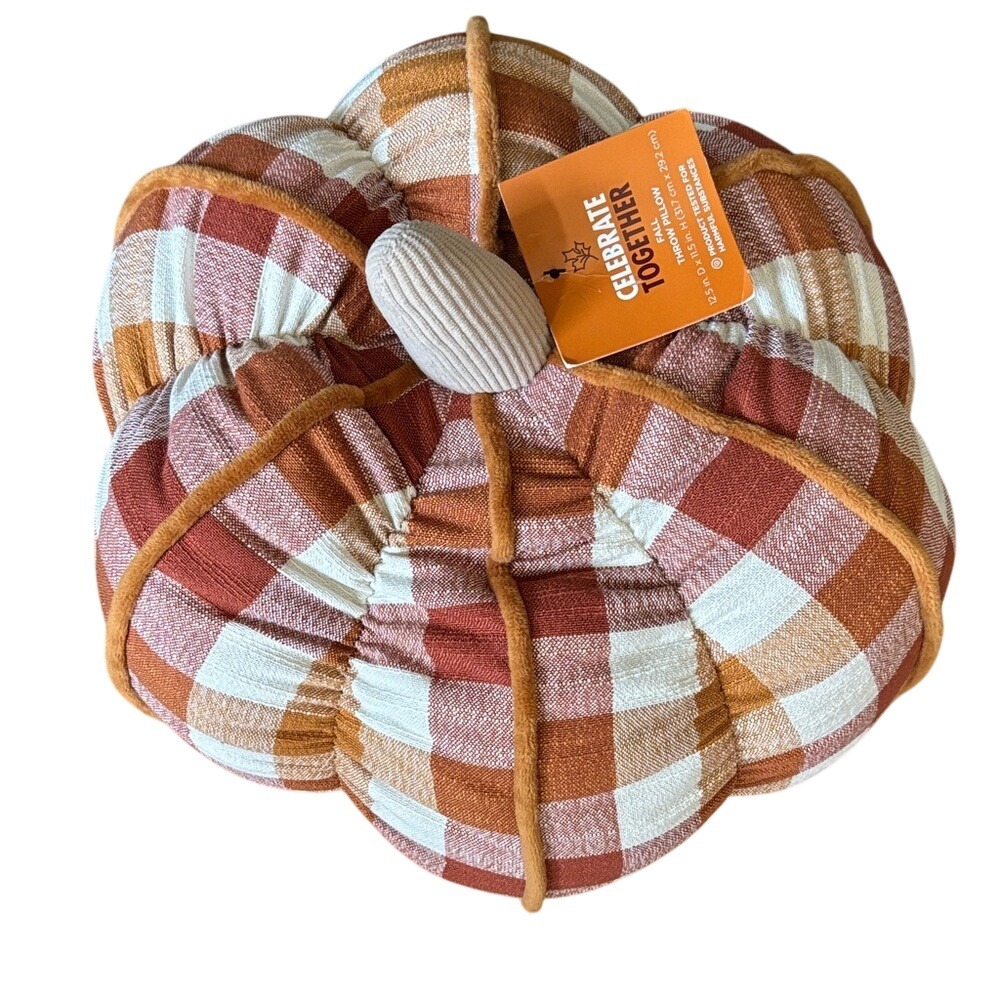 Celebrate Together Oversized Orange Plaid Pumpkin Accent Pillow Decor 11.5" NEW